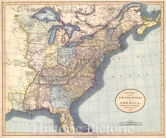 Historic Map : 1825 A New Map of the United States of America : Vintage Wall Art