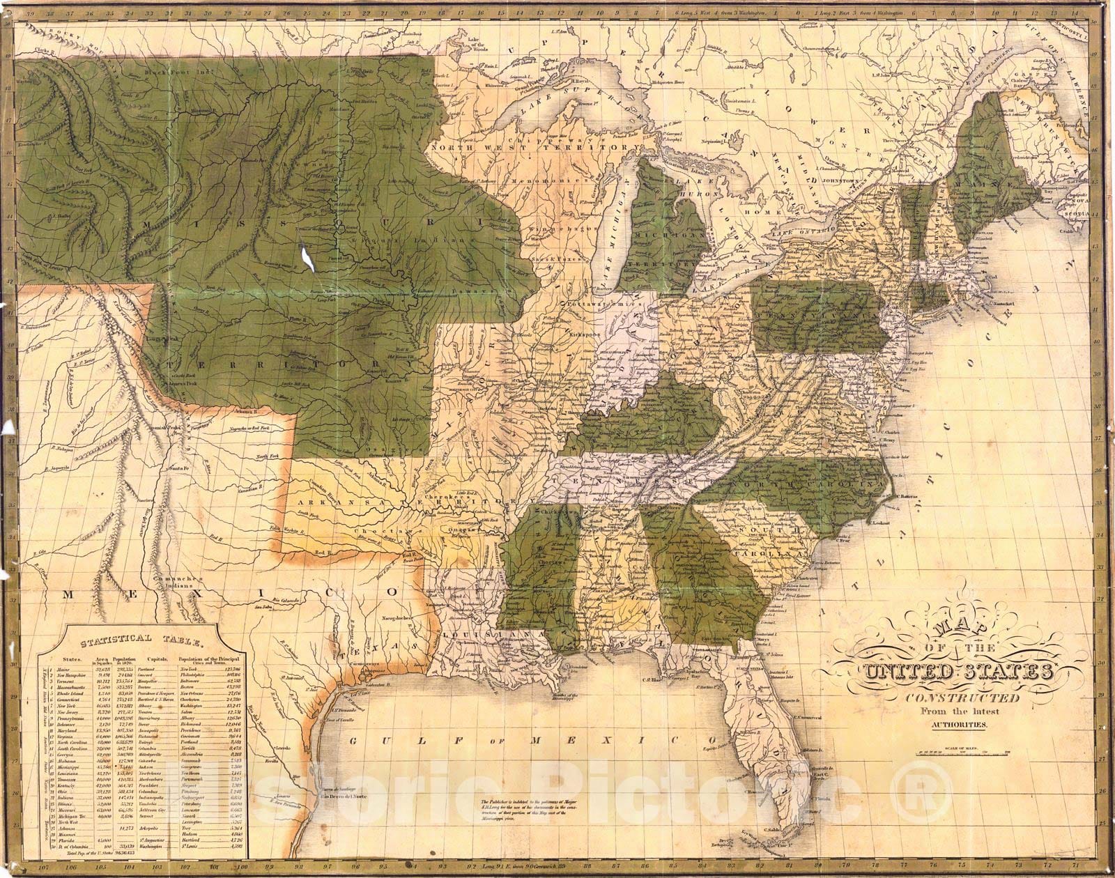 Historic Map : 1827 Map of the United States : Vintage Wall Art