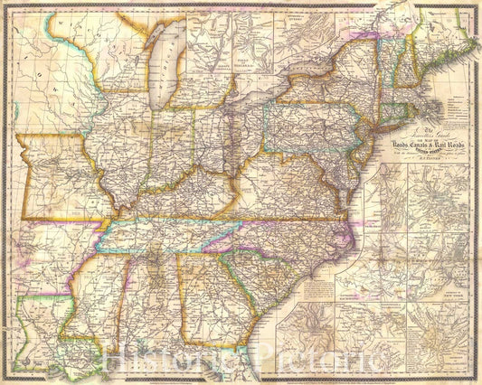 Historic Map : 1834 Map of the Roads, Canals and Rail Roads of the United States : Vintage Wall Art