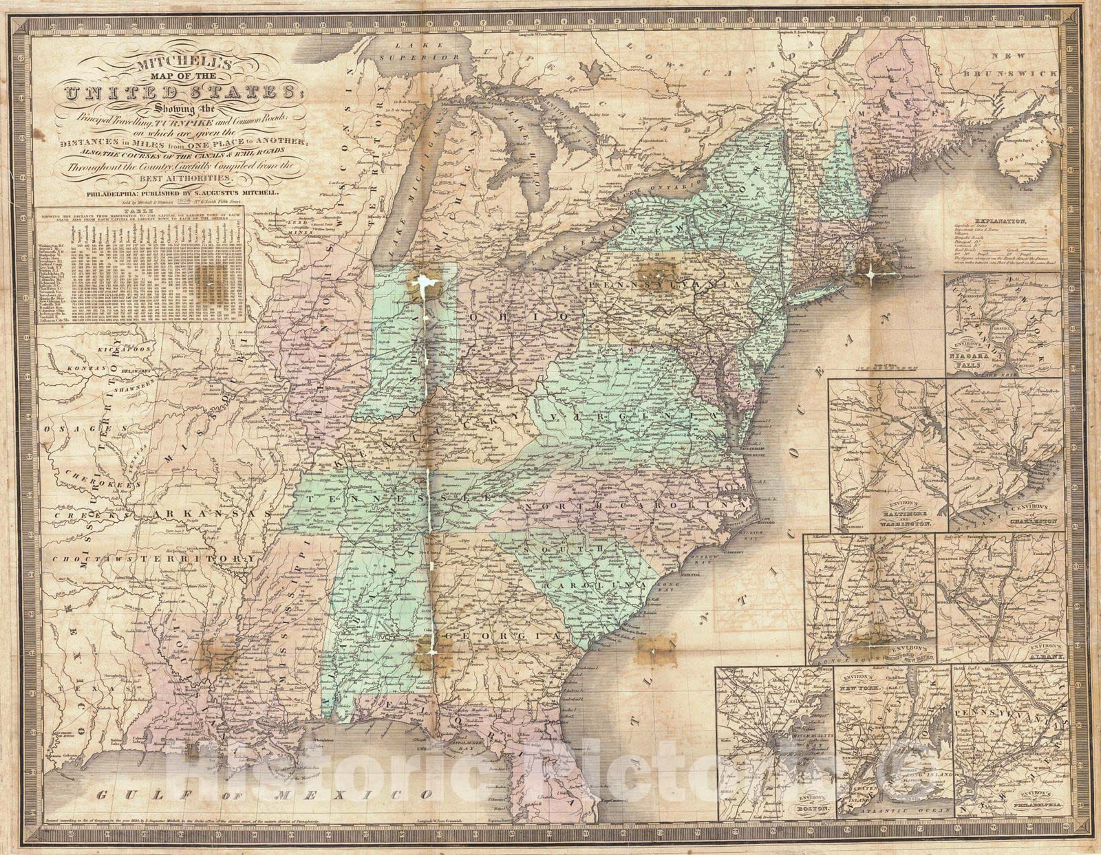 Historic Map : 1838 Mitchell's Map of the United States : Vintage Wall Art