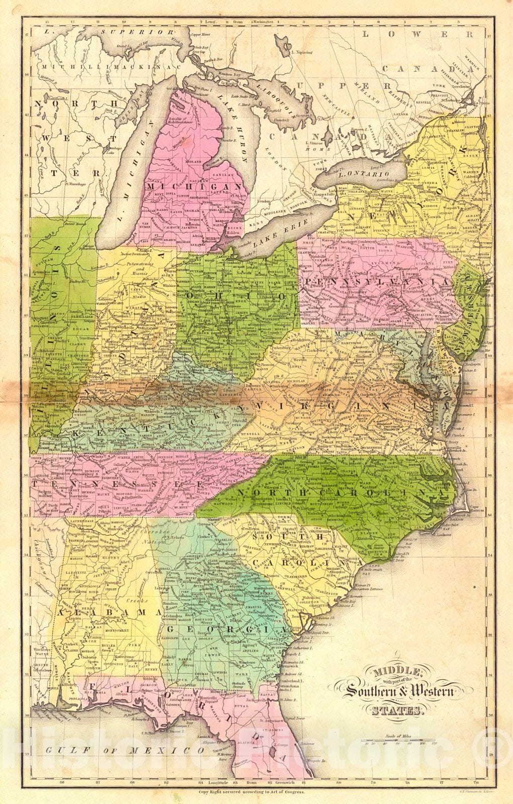 Historic Map : 1839 Middle; with part of the Southern & Western States : Vintage Wall Art