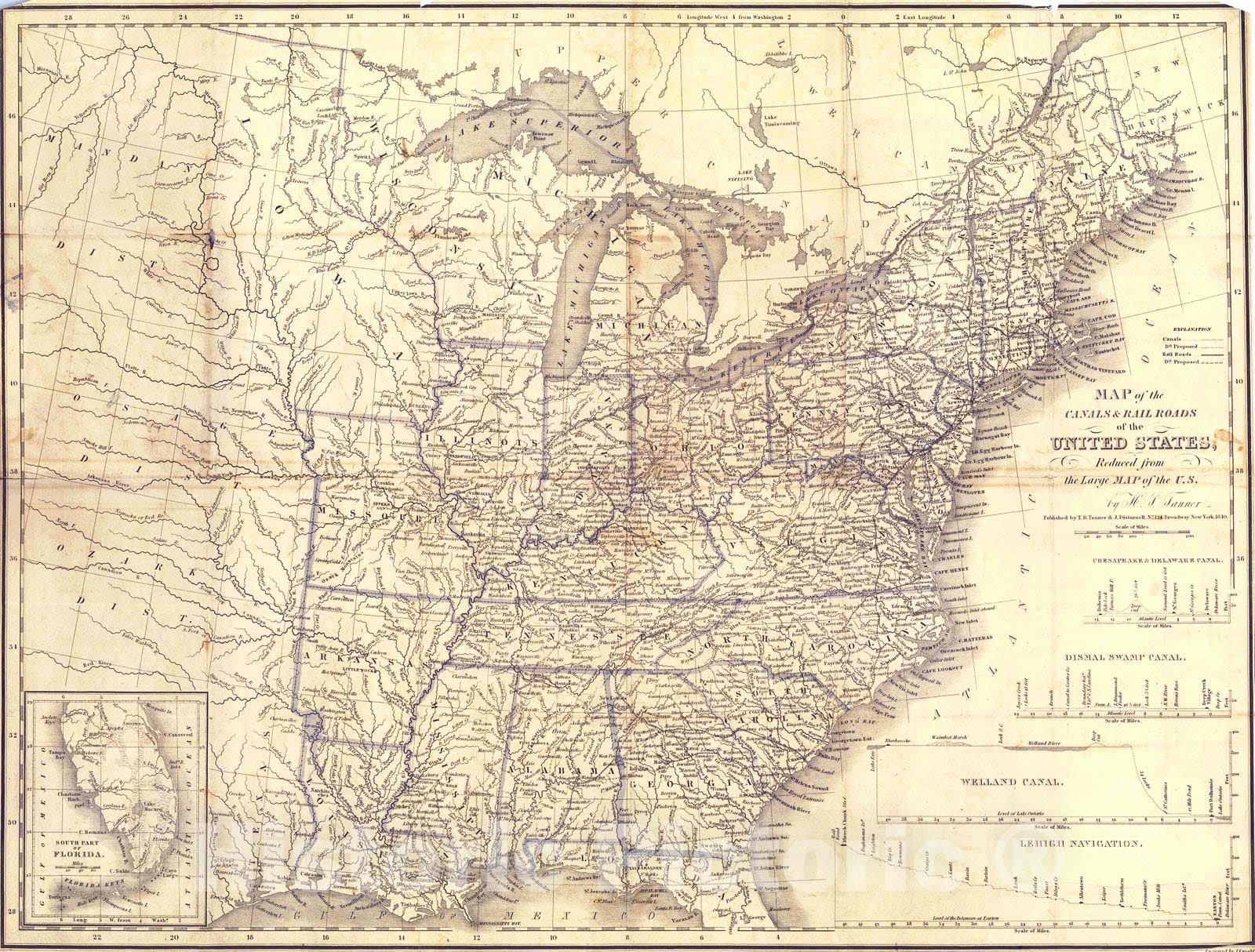 Historic Map : 1840 Map of the Canals and Rail Roads of the United States : Vintage Wall Art