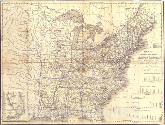 Historic Map : 1840 Map of the Canals and Rail Roads of the United States : Vintage Wall Art