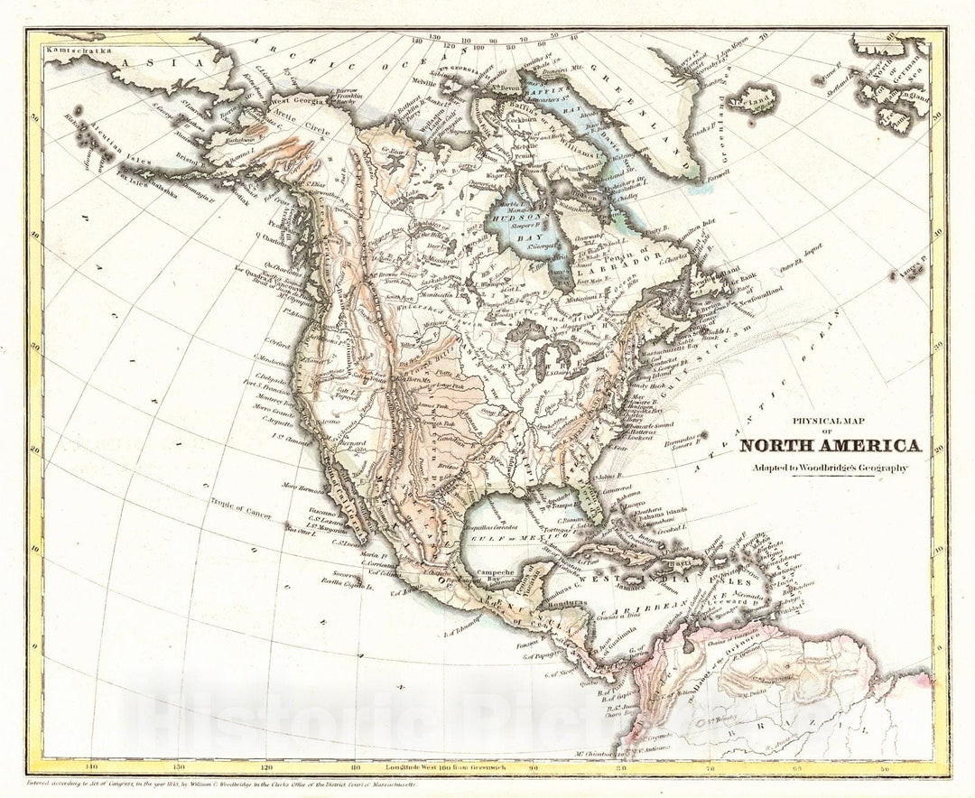 Historic Map : 1843 Physical Map of North America : Vintage Wall Art