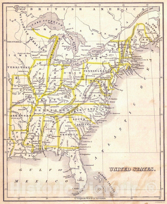 Historic Map : 1844 United States : Vintage Wall Art