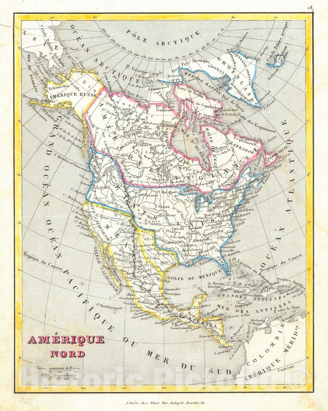 Historic Map : 1844 Am&eacute;rique Nord : Vintage Wall Art