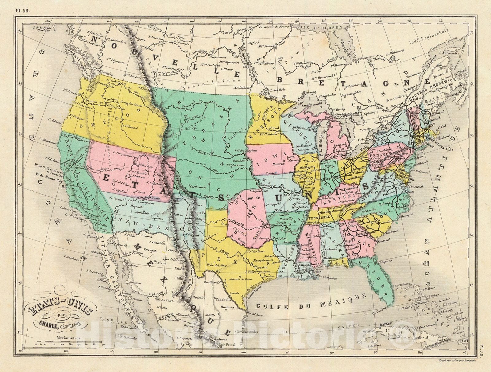 Historic Map : 1845 &Eacute;tats-Unis par Charle, G&eacute;ographie : Vintage Wall Art