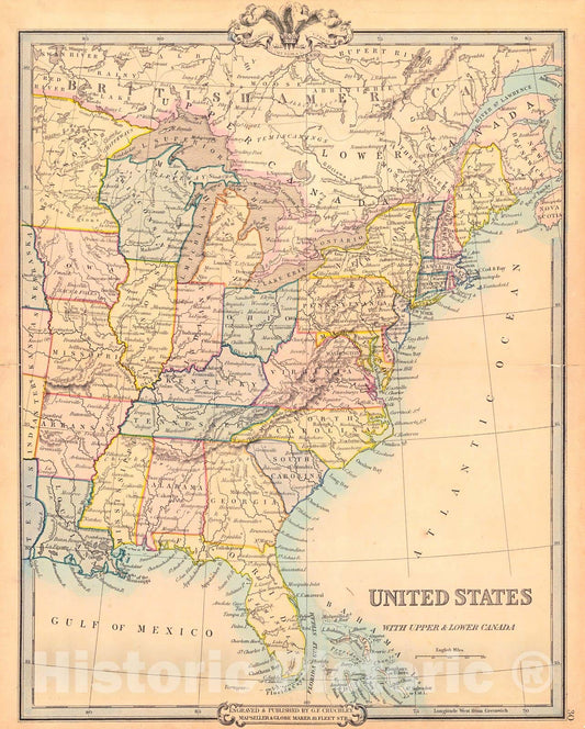 Historic Map : 1850 United States with Upper & Lower Canada : Vintage Wall Art