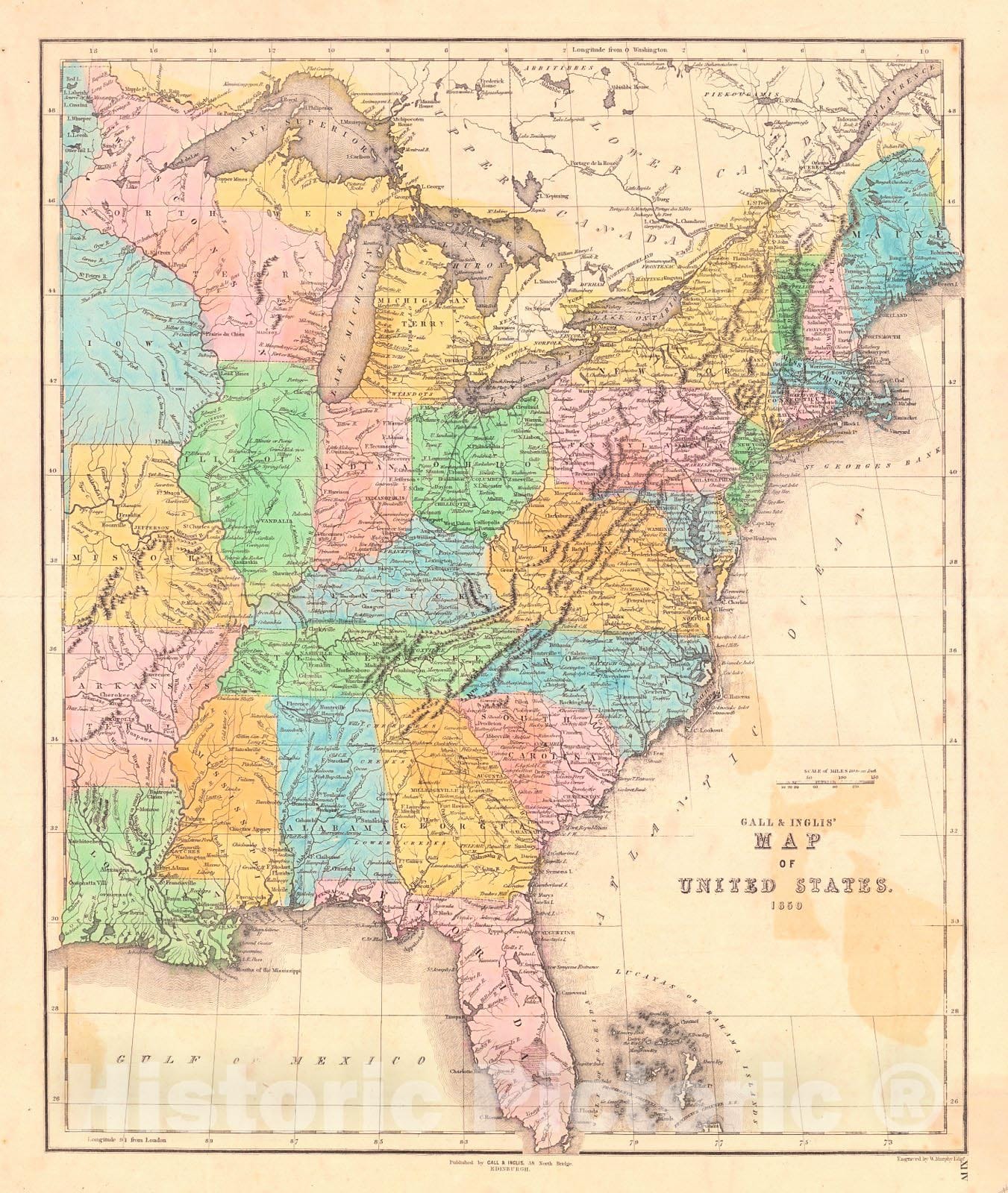 Historic Map : 1850 Gall & Inglis' Map of the United States. 1850 : Vintage Wall Art