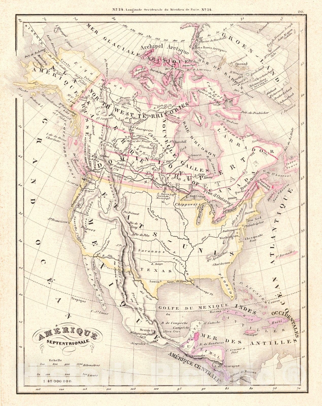 Historic Map : 1850 Amerique Septentrionale : Vintage Wall Art