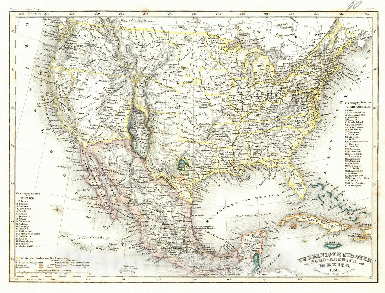 Historic Map : 1850 Vereinigte Staaten von Nord-America und Mexico : Vintage Wall Art
