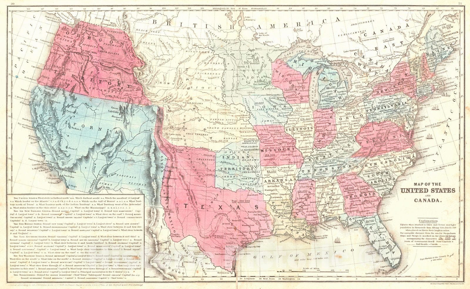 Historic Map : 1850 Map of the United States and Canada : Vintage Wall Art