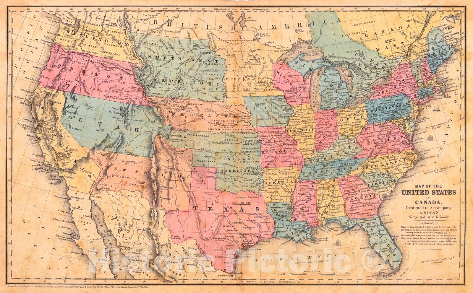 Historic Map : 1854 Map of the United States and Canada : Vintage Wall Art