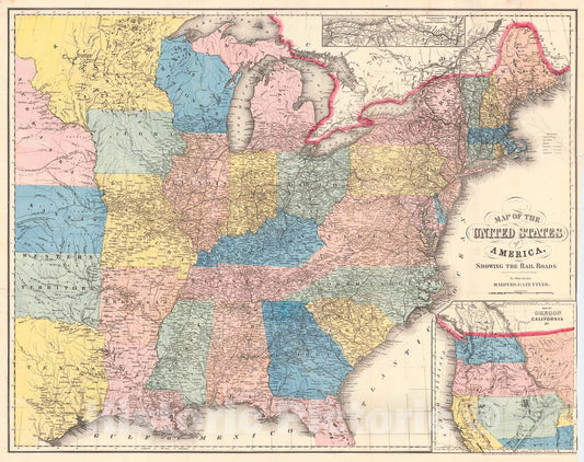 Historic Map : 1855 Map of the United States of America, Showing Railroads : Vintage Wall Art