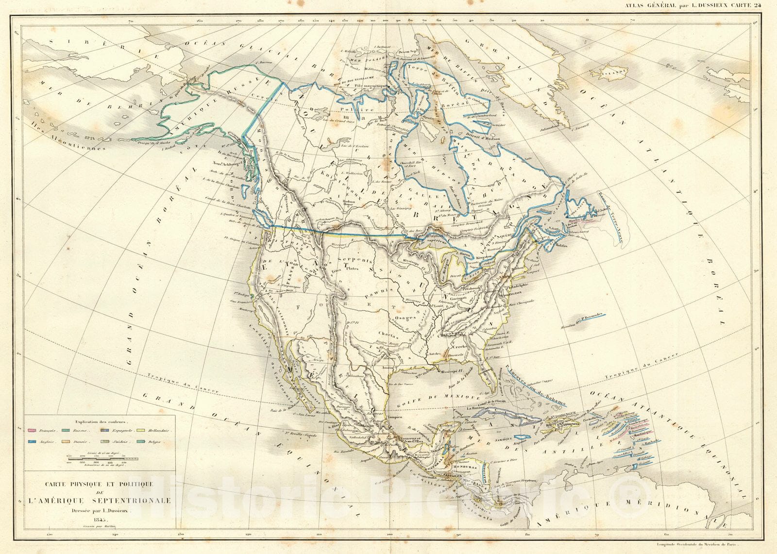 Historic Map : 1856 Carte Physique et Politique de L'Amerique Septentrionale : Vintage Wall Art