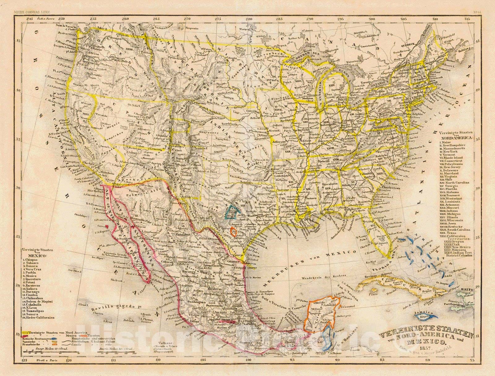 Historic Map : 1857 Vereinigte Staaten von Nord-America und Mexico : Vintage Wall Art