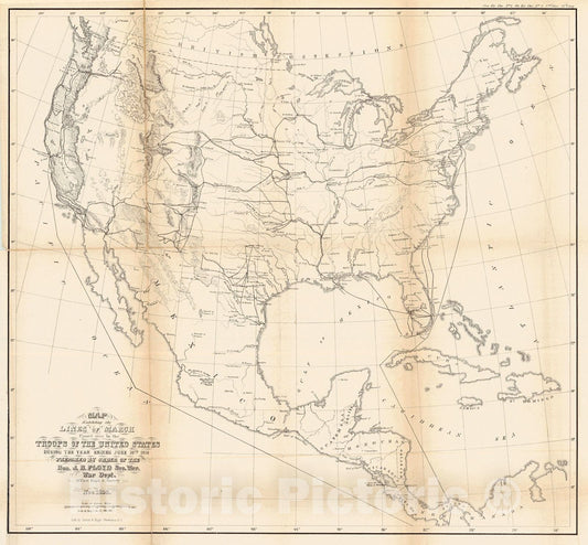 Historic Map : 1858 Map Exhibiting the Line of March Passed Over by the Troops of the United States During the Year Ending June 30th 1858 : Vintage Wall Art