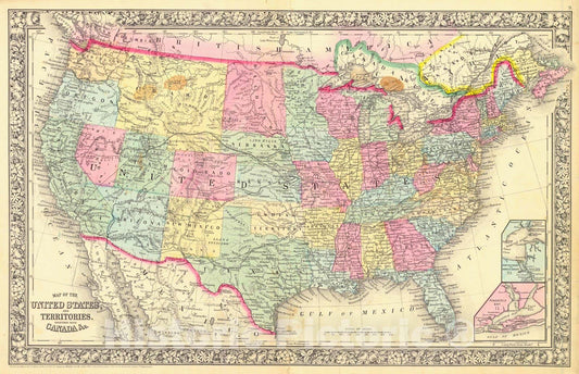 Historic Map : 1860 Map of the United States, and Territories Together with Canada : Vintage Wall Art