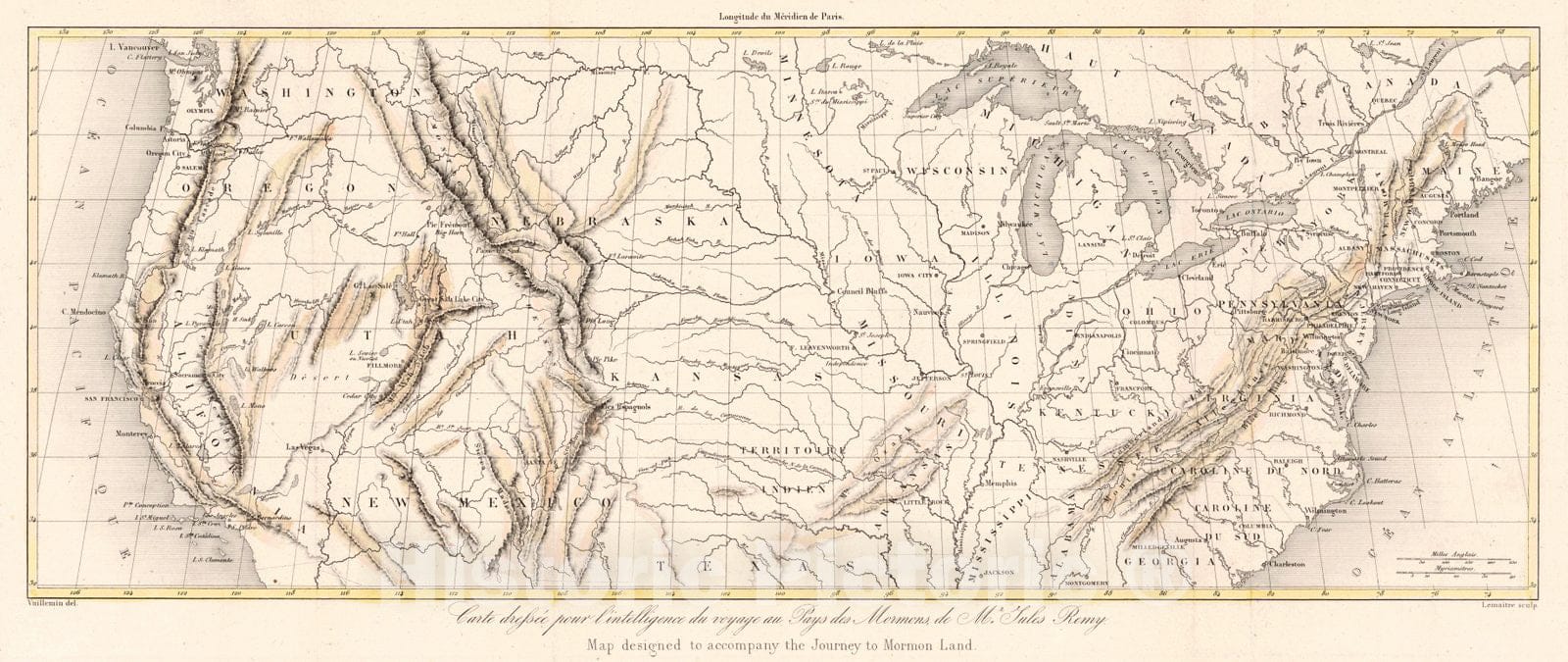 Historic Map : 1860 Carte dressee pour l'intlligence du voyage au Pays des Mormons, de Monsieur Jules Remy : Vintage Wall Art