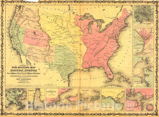 Historic Map : 1861 Johnson's new military map of the United States : Vintage Wall Art
