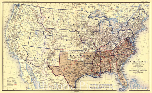 Historic Map : 1864 Map of the United States of America showing the Boundaries of the Union and Confederate Geographical Divisions and Departments : Vintage Wall Art