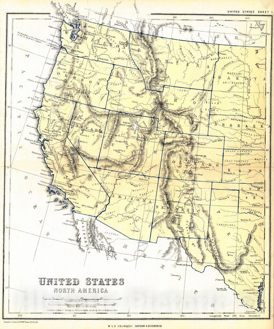 Historic Map : 1864 United States, North America (Western Half)  : Vintage Wall Art