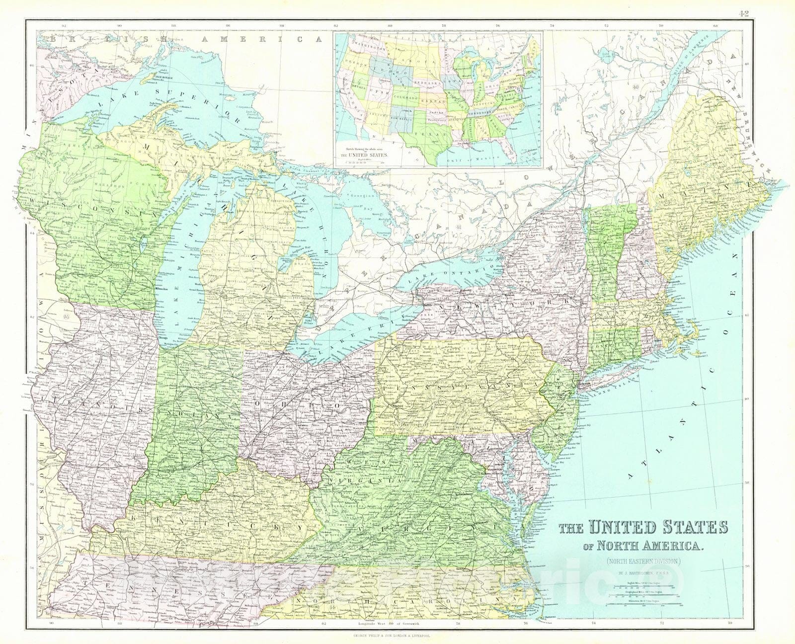 Historic Map : 1864 The United States of North America (North Eastern Division) : Vintage Wall Art