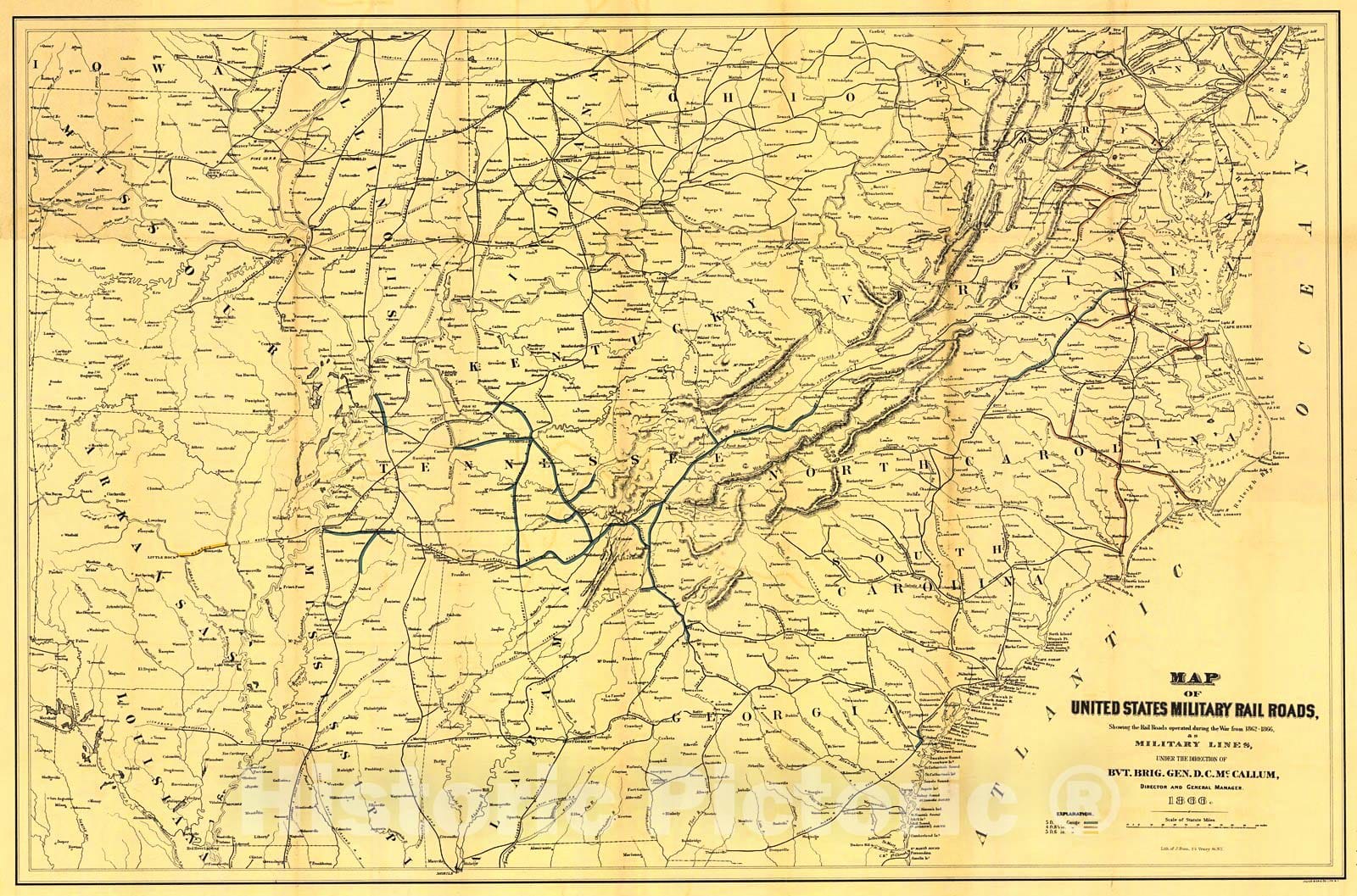 Historic Map : 1866 Map of the United States Military Rail Roads : Vintage Wall Art