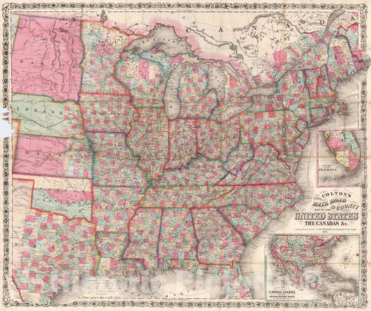 Historic Map : 1867 Coltons New Rail Road and County map of the United States : Vintage Wall Art