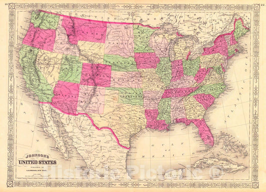 Historic Map : 1867 Johnson's United States : Vintage Wall Art