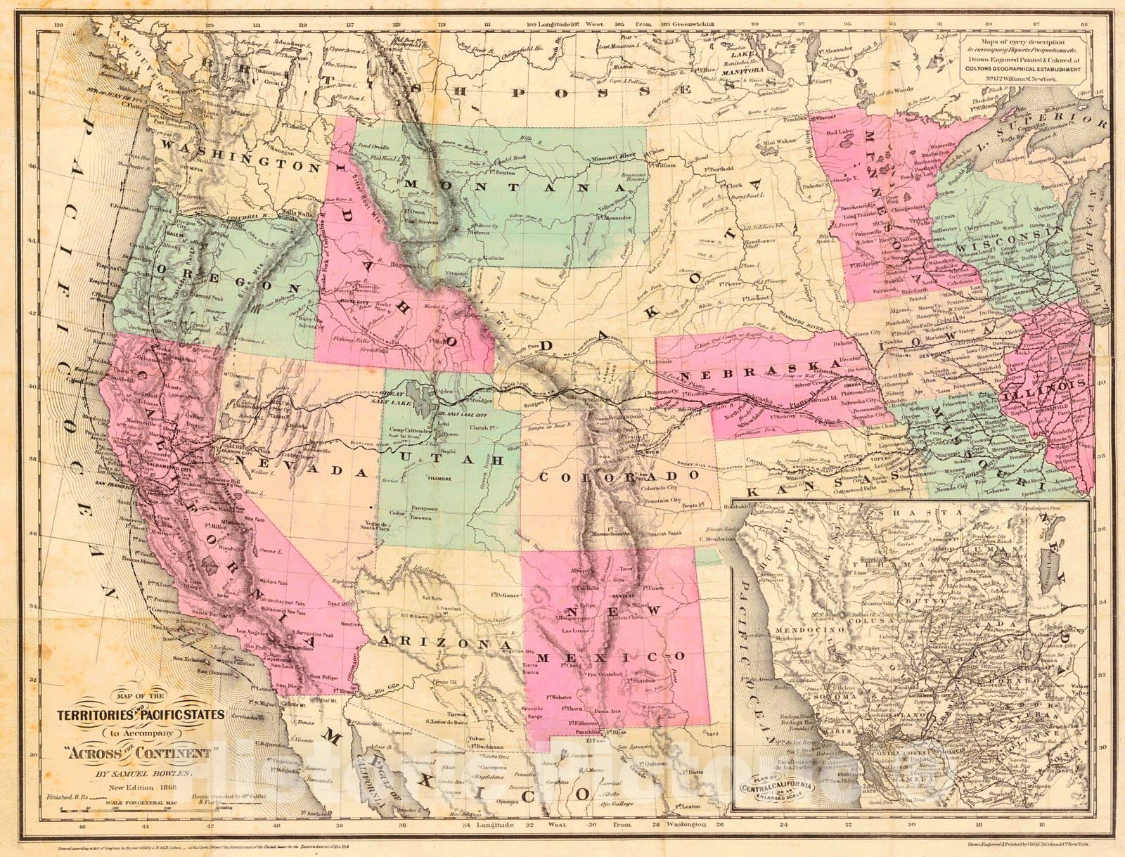 Historic Map : 1868 Map of the Territories and Pacific States  : Vintage Wall Art