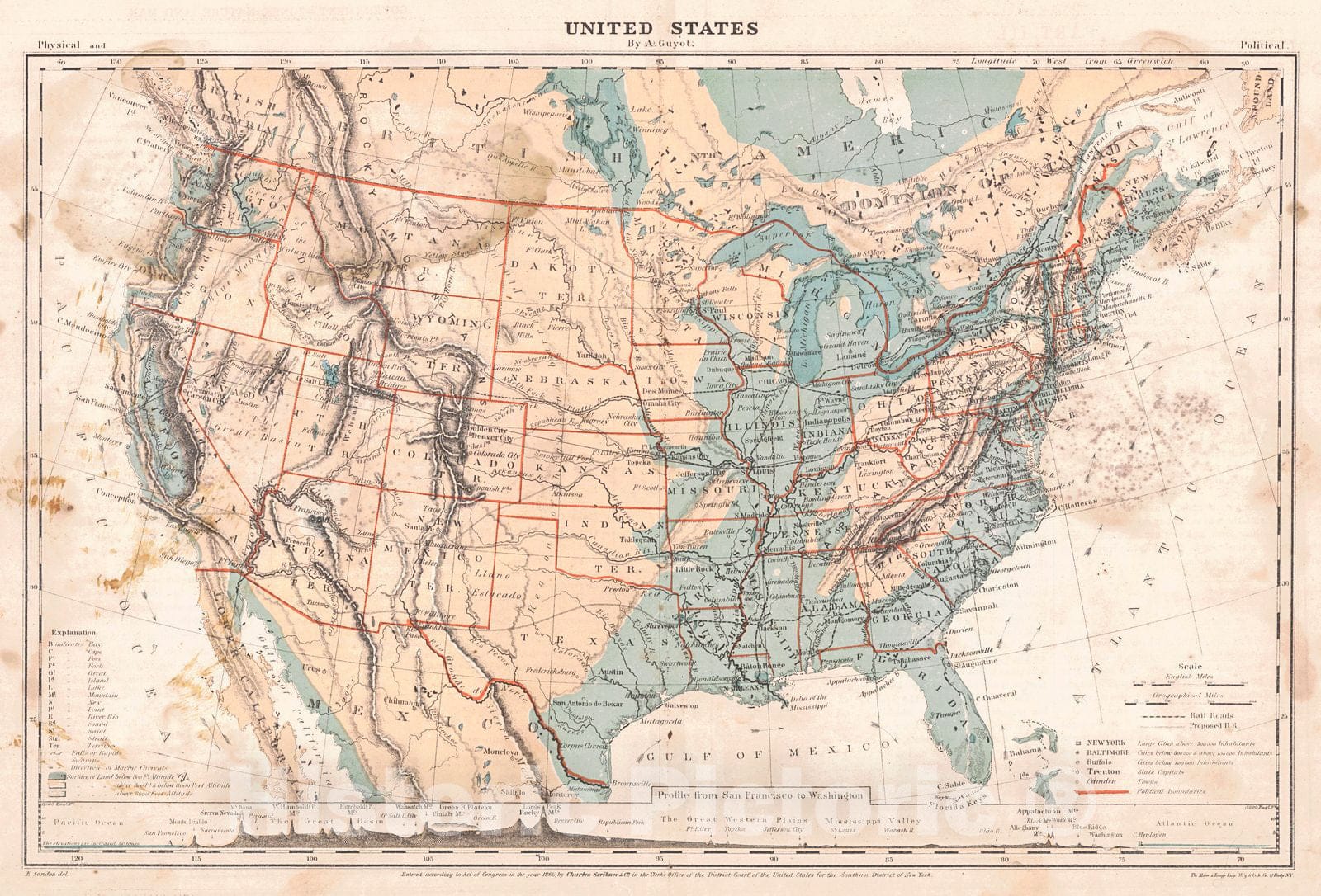 Historic Map : 1868 United States : Vintage Wall Art