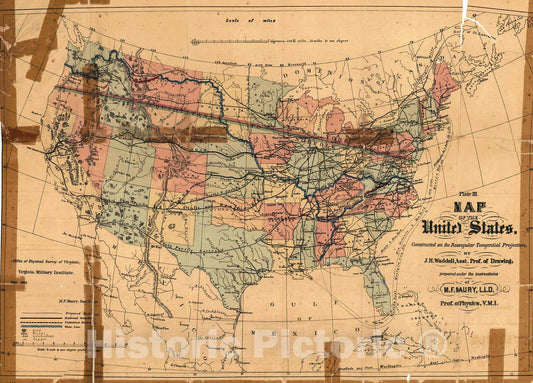 Historic Map : 1868 Map of the United States. Constructed on the Rectangular Tangential Projection : Vintage Wall Art