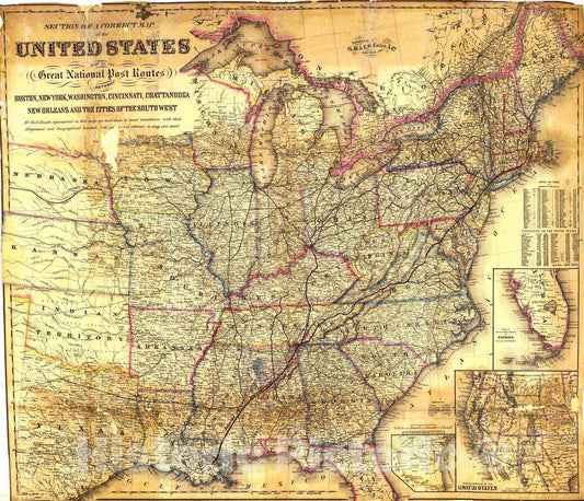 Historic Map : 1869 Section of a Correct Map of the United States showing the Great National Post Routes : Vintage Wall Art