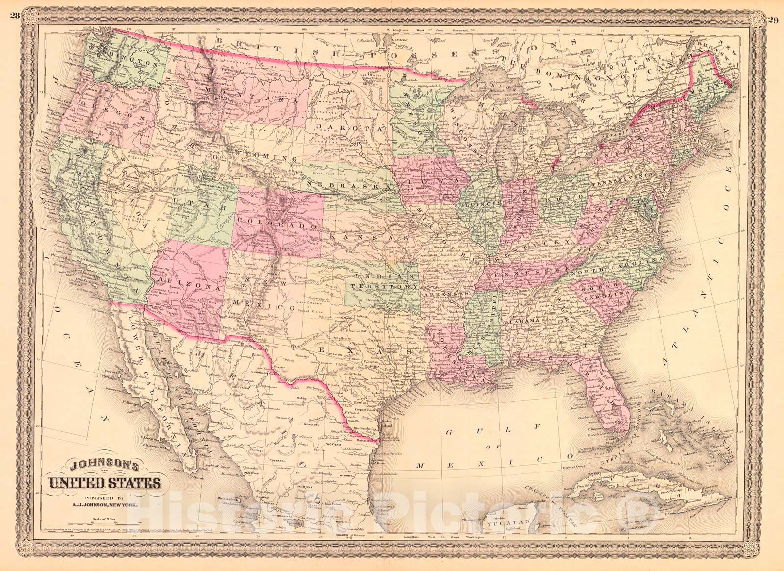 Historic Map : 1870 Johnson's United States : Vintage Wall Art