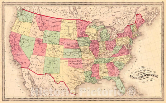 Historic Map : 1870 Railroad Map of the United States : Vintage Wall Art