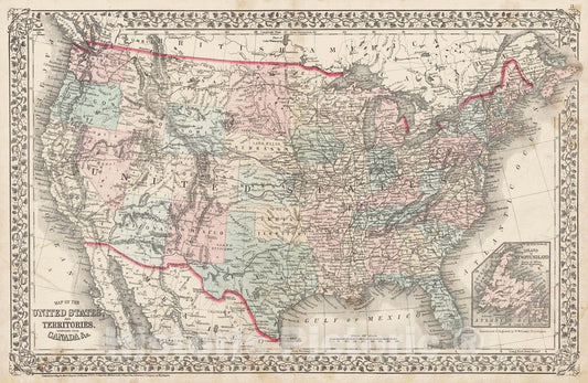 Historic Map : 1872 Map of the United States and Territories Together with Canada : Vintage Wall Art