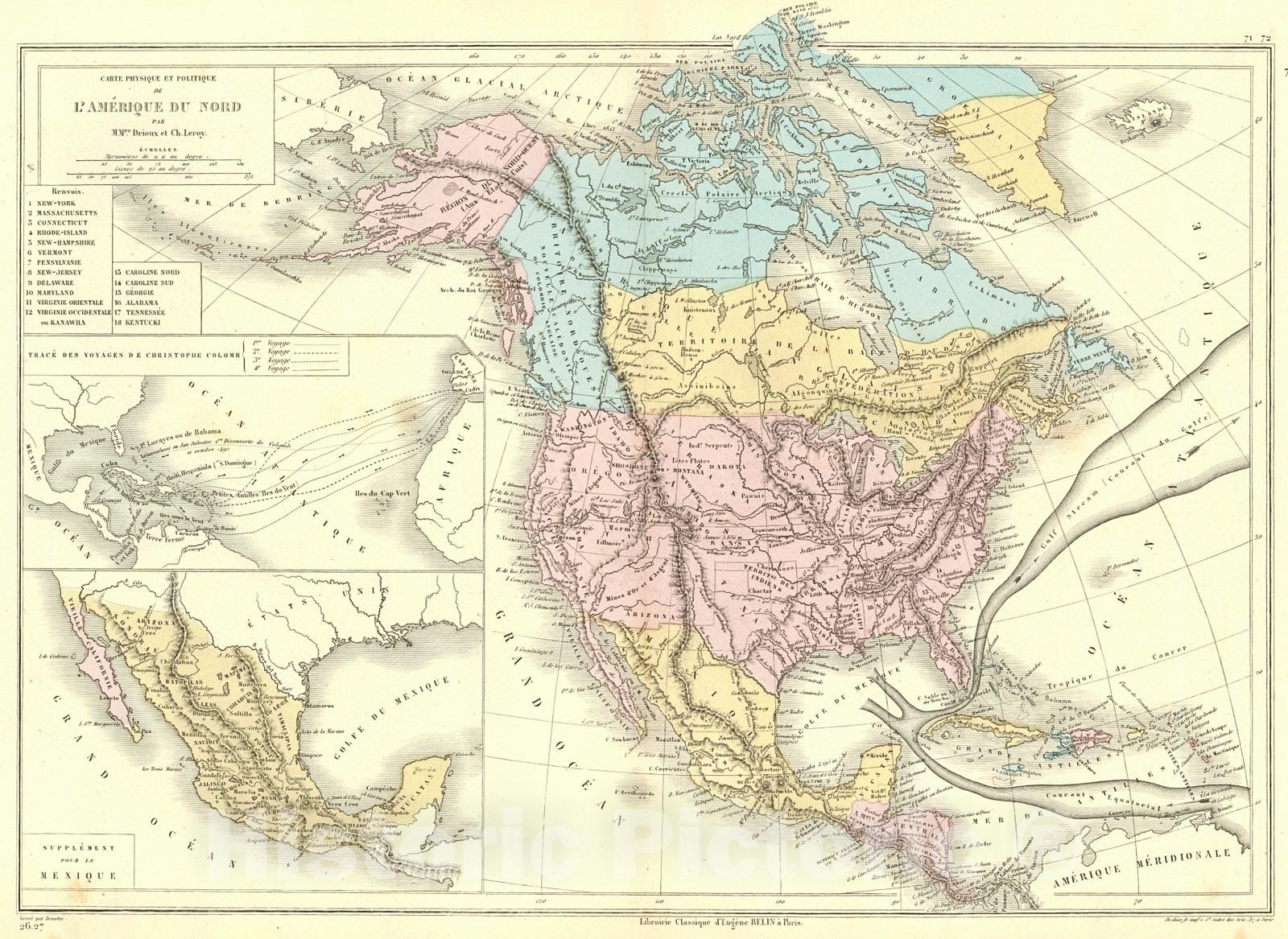 Historic Map : 1873 Carte Physique et Politique de L'Amerique de Nord : Vintage Wall Art