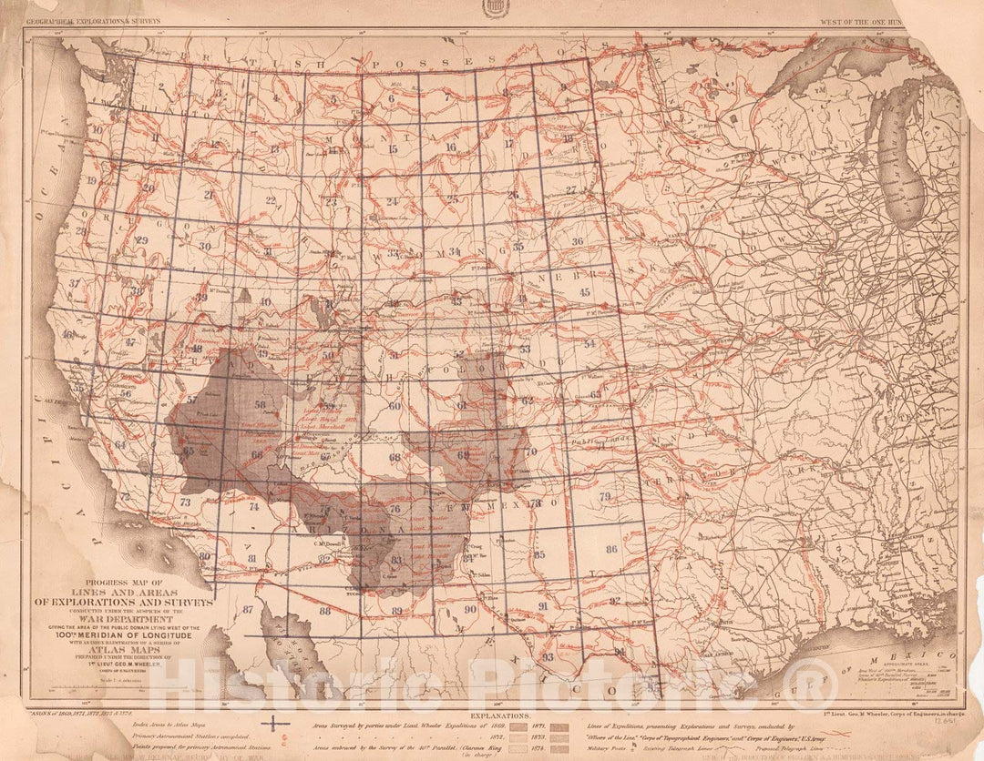Historic Map : 1875 Progress Map of Lines and Areas of Explorations and Surveys Conducted Under the Auspices of the War Department, George M. Wheeler : Vintage Wall Art