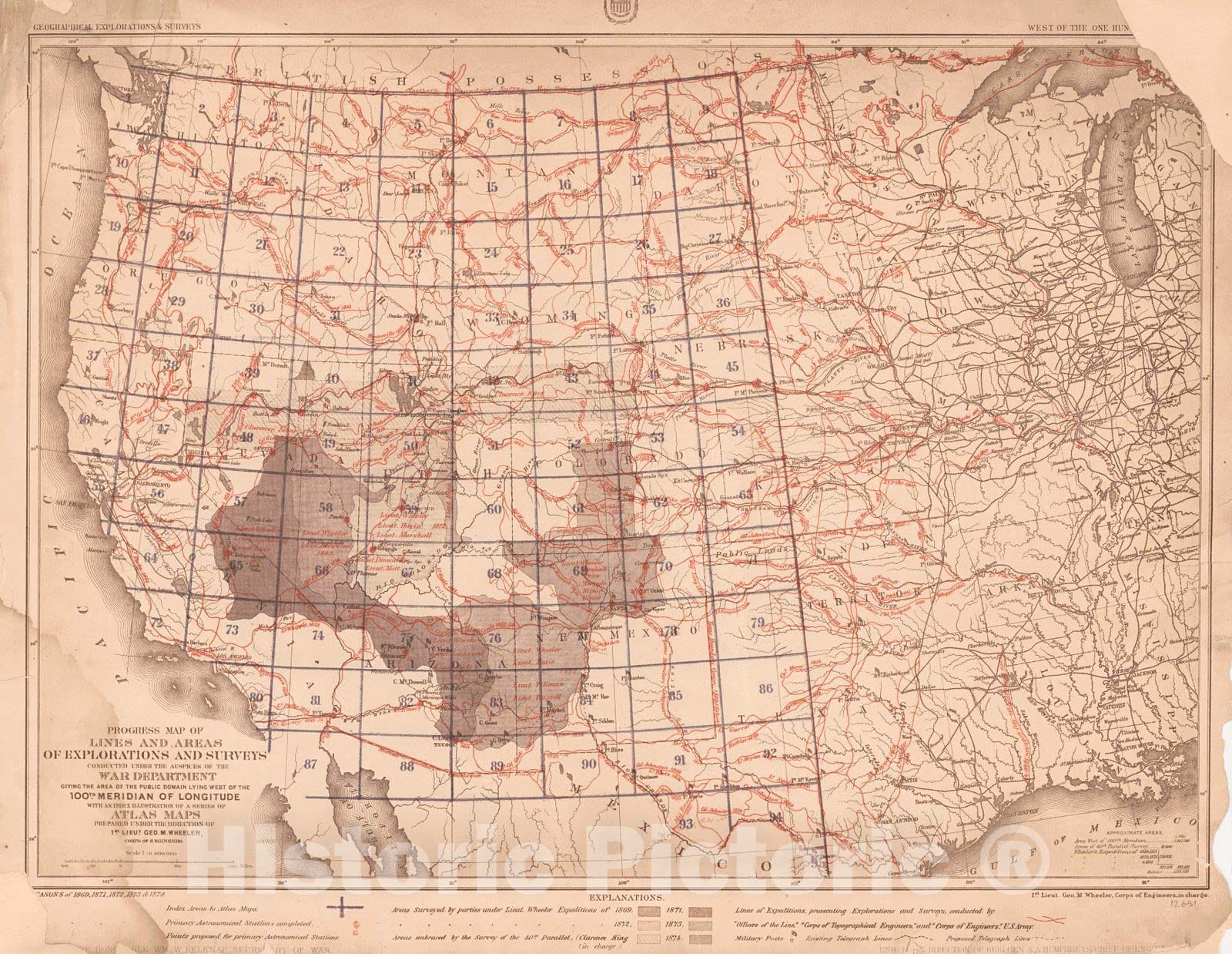Historic Map : 1875 Progress Map of Lines and Areas of Explorations and Surveys Conducted Under the Auspices of the War Department, George M. Wheeler : Vintage Wall Art