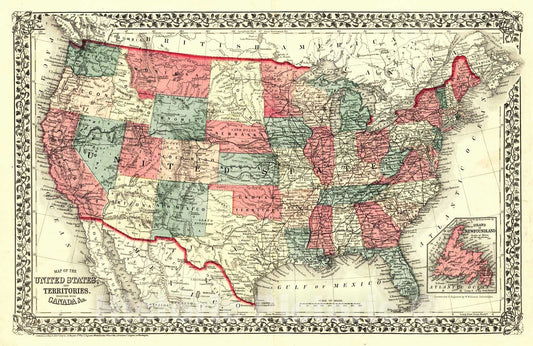Historic Map : 1876 Map of the United States and territories together with Canada and c : Vintage Wall Art