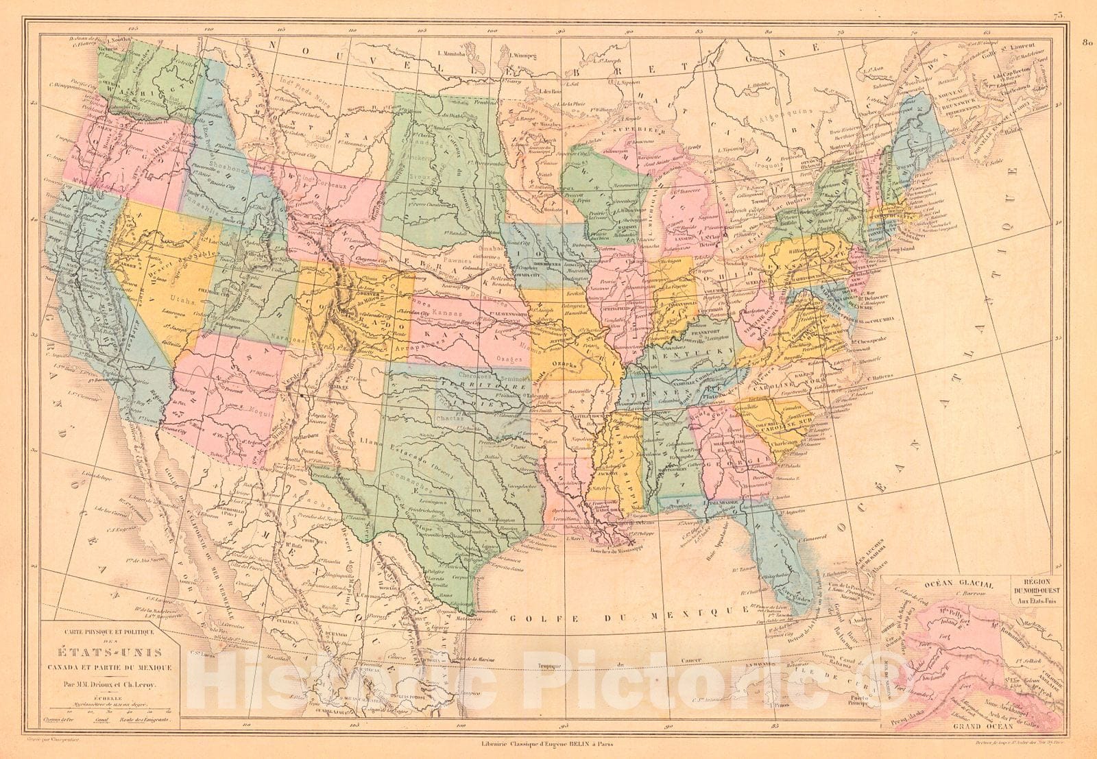 Historic Map : 1878 Carte Physique et Politique des Etats-Unis Canada et Partie du Mexique : Vintage Wall Art
