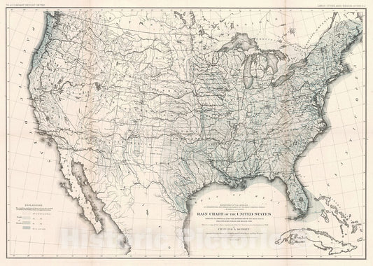 Historic Map : 1878 Rain Chart of the United States Showing by Isohyetal Lines the Distribution of the Mean Anual Precipitation in Rain and Melted Snow : Vintage Wall Art