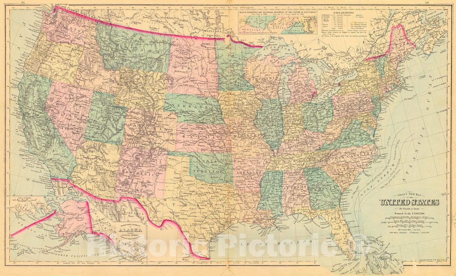 Historic Map : 1879 Gray's New Map of the United States : Vintage Wall Art