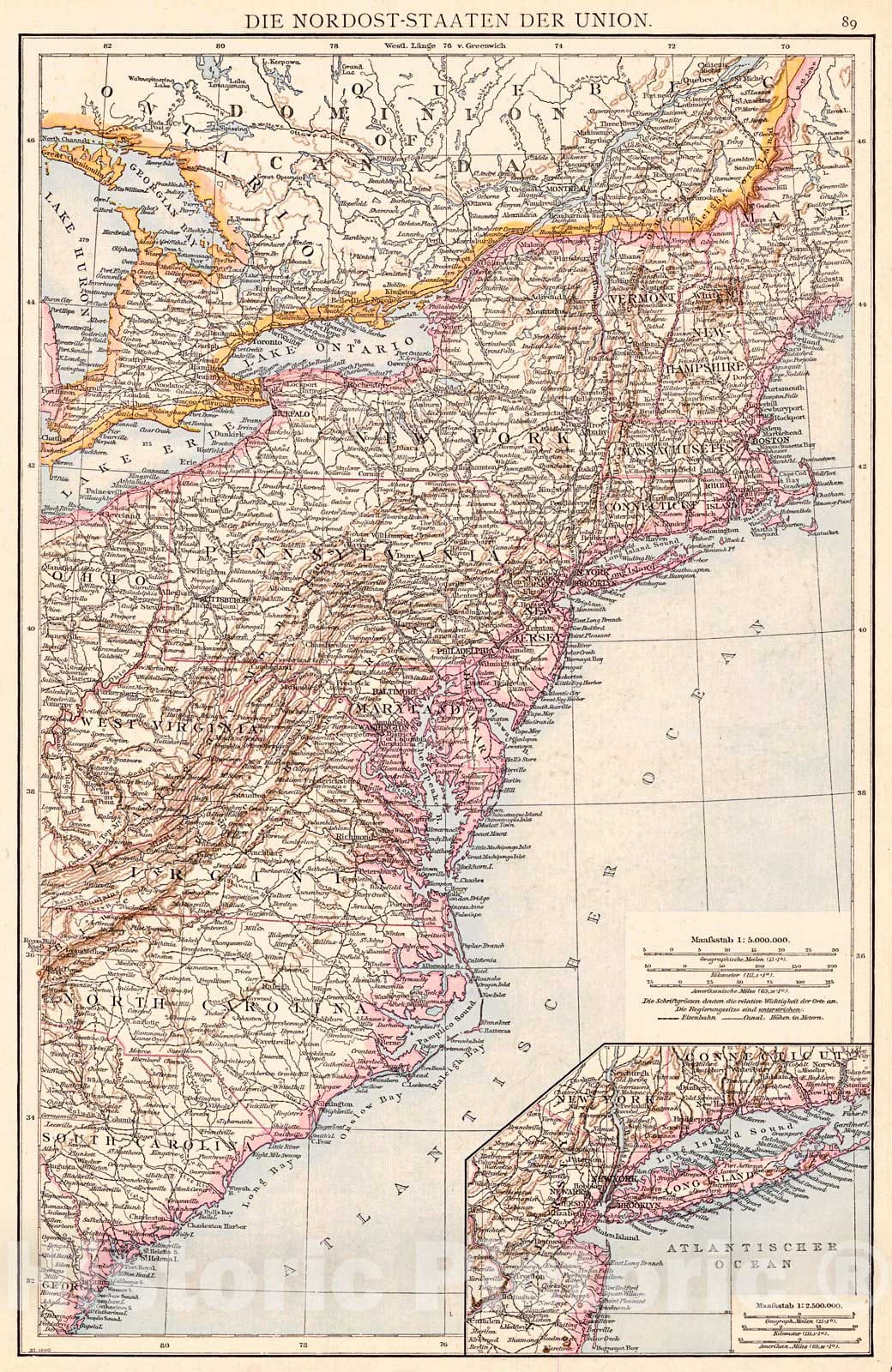 Historic Map : 1881 Die Nordost-Staaten der Union : Vintage Wall Art