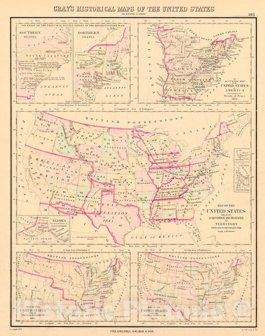 Historic Map : 1883 Gray's Historical Maps of the United States : Vintage Wall Art