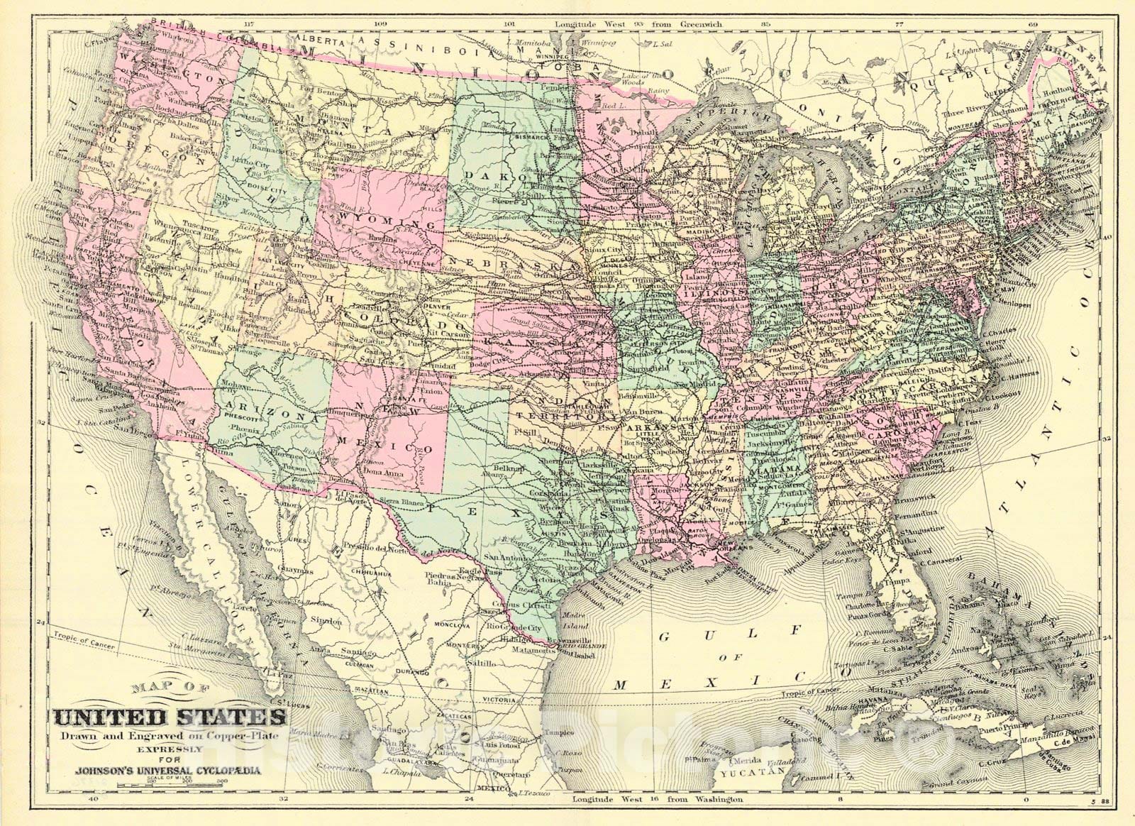 Historic Map : 1888 Map of the United States : Vintage Wall Art