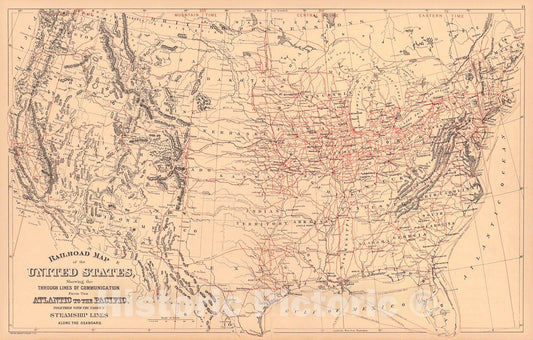 Historic Map : 1888 Railroad Map of the UNited States Showing the Through Lines of Communication from the Atlantic to the Pacific  : Vintage Wall Art