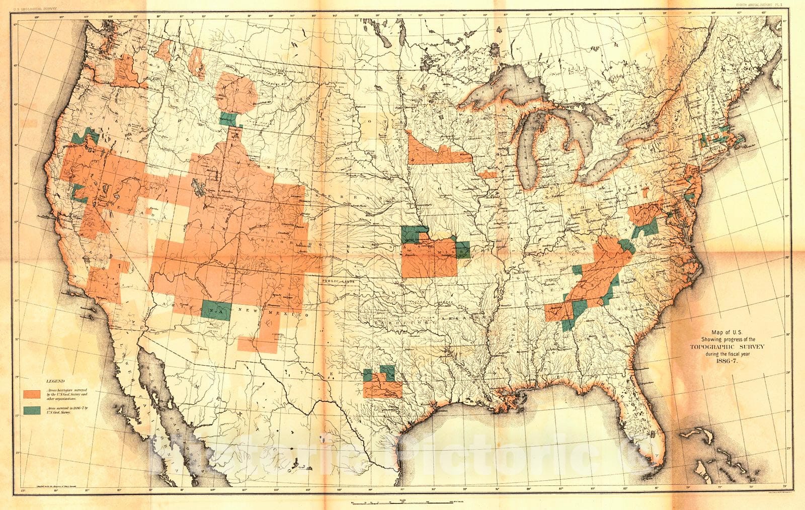 Historic Map : 1888 Map of the U.S. showing progress of the topographic survey during the fiscal year 1886-7 : Vintage Wall Art