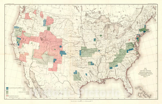 Historic Map : 1889 Map of the United States Showing the Progress of Topographic Survey the Fiscal Year 1888-89 : Vintage Wall Art